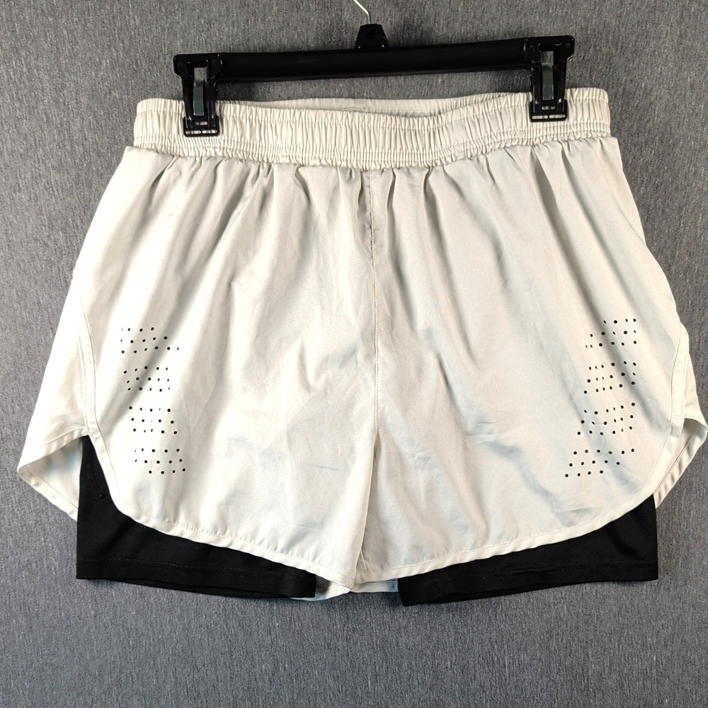 Gesean Running Shorts Sz Large White Blk Built In Compression Back Zipper Pocket